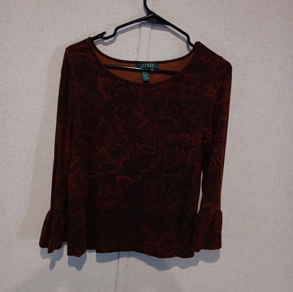 Lauren Ralph Lauren Round Neckline Brown Paisley Print Jersey Top Blouse SzM
